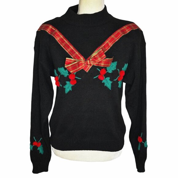 French Navy Petite Sweaters - Vintage French Navy Petite Holly Embroidered Sweater Black 10/12